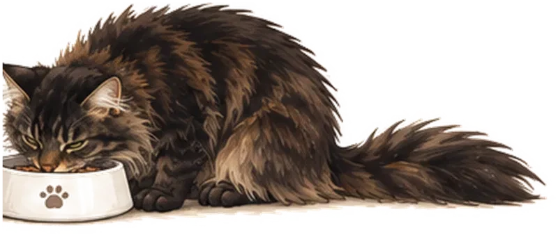 Chat Maine Coon qui mange dans sa gamelle