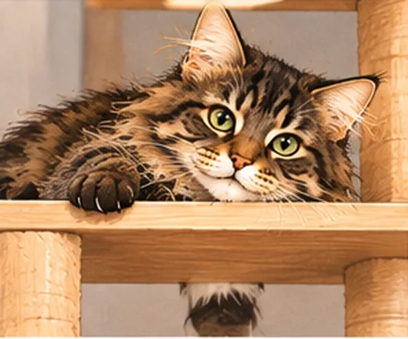 Chat Maine Coon allongé sur la plateforme de son arbre à chat