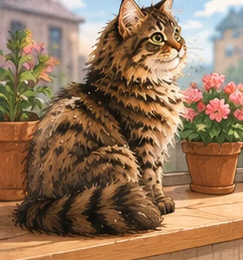 Chat Maine Coon assis sur un balcon fleuri
