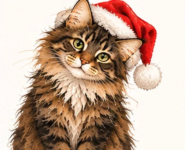 Chat Maine Coon portant un bonnet de Père Noël