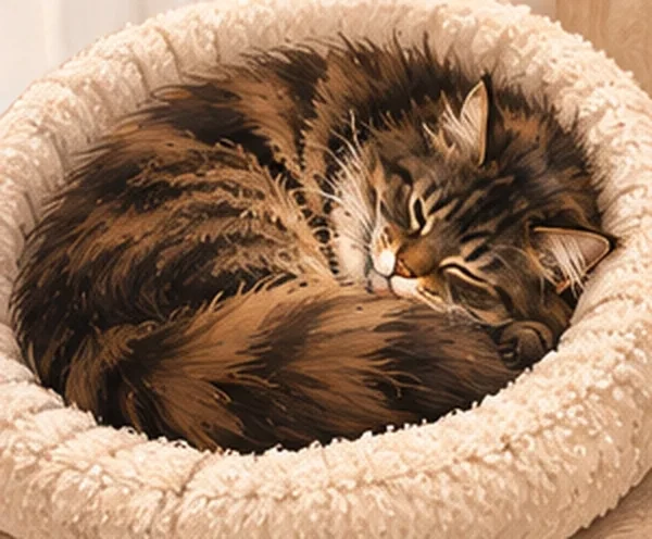 Chat Maine Coon roulé en boule dans son panier