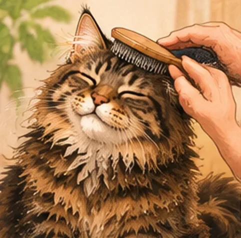 Chat Maine Coon qui se fait brosser, les yeux fermés