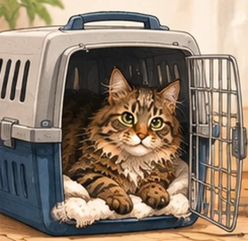 Chat Maine Coon installé dans sa caisse de transport