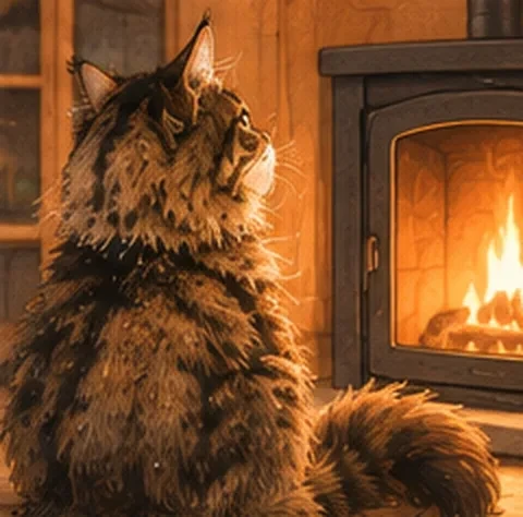 Chat Maine Coon qui se réchauffe devant la cheminée