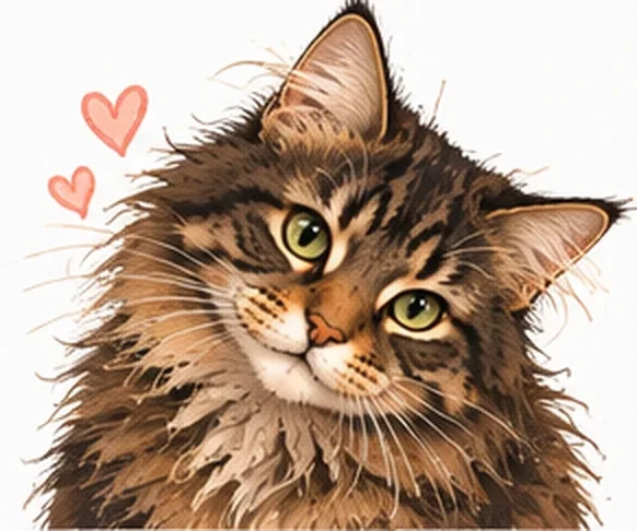 Chat Maine Coon câlin entouré de petits cœurs