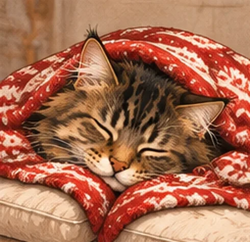 Chat Maine Coon endormi sous une couverture d’hiver