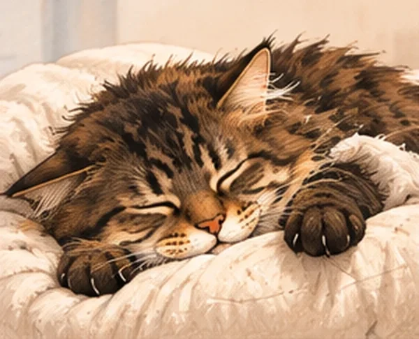 Chat Maine Coon endormi sur un coussin moelleux