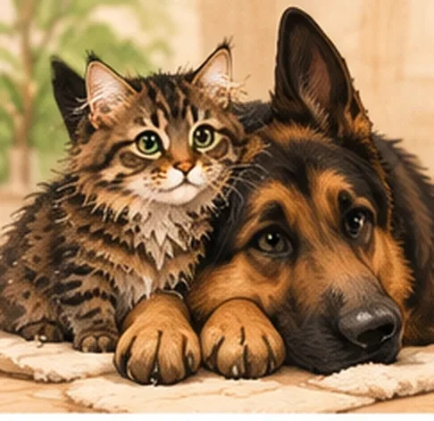 Chat Maine Coon blotti contre un berger allemand