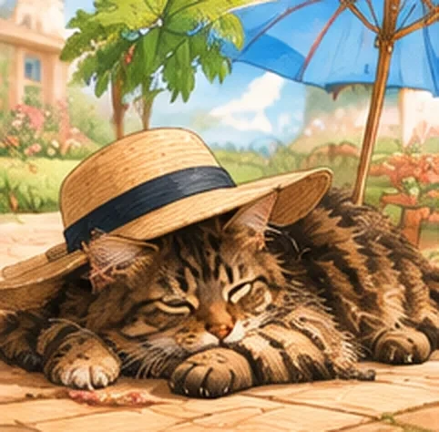 Chat Maine Coon qui fait la sieste au soleil sous un chapeau de paille