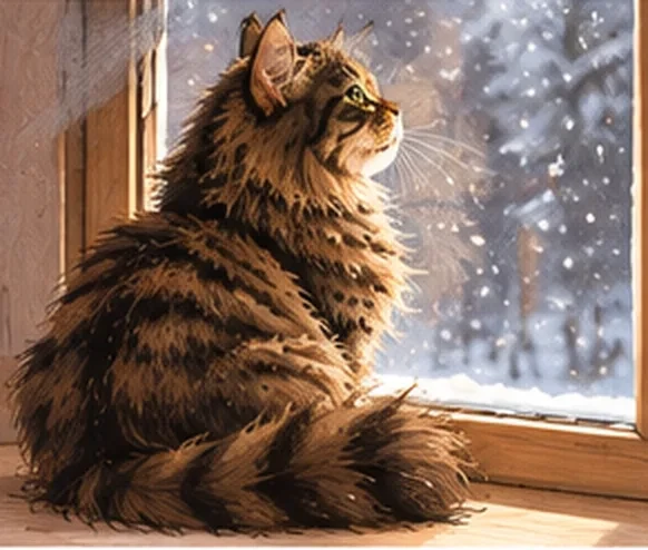 Chat Maine Coon regardant la neige tomber par la fenêtre