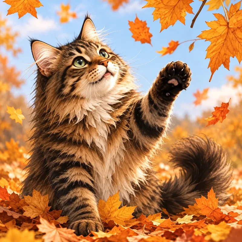 Chat Maine Coon qui joue avec les feuilles d’automne