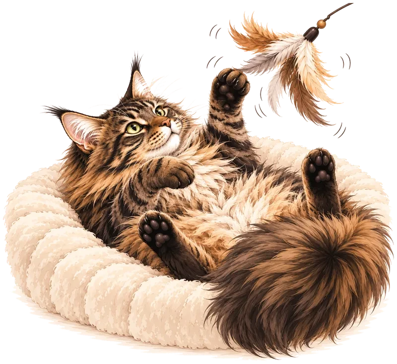 Chat Maine Coon qui joue avec une plume sur son coussin