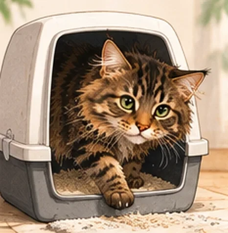 Chat Maine Coon qui sort de sa maison de toilette