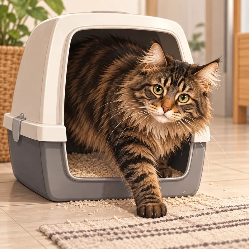 Chat Maine Coon qui sort de sa maison de toilette