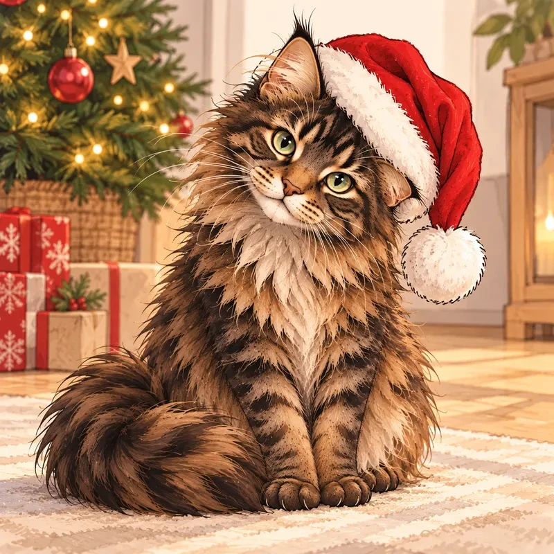 Chat Maine Coon avec un bonnet de Noël au pied du sapin