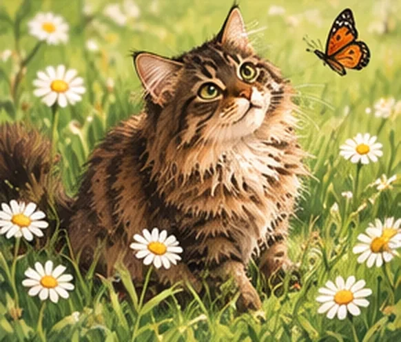 Chat Maine Coon dans une prairie fleurie regardant un papillon