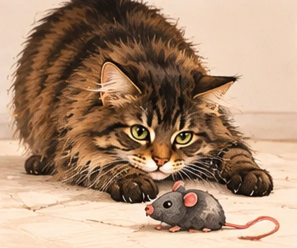 Chat Maine Coon à l’affût devant une petite souris jouet