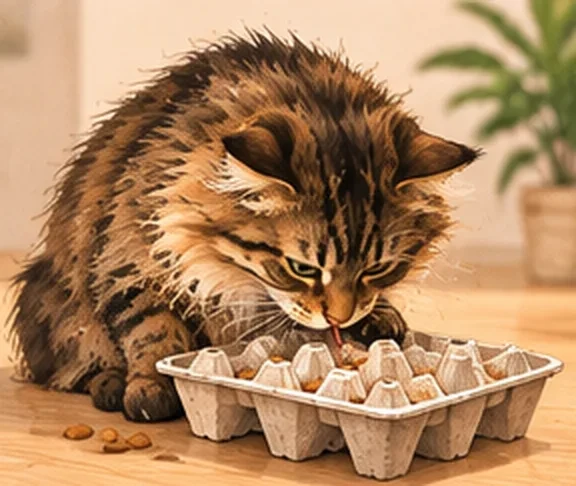 Chat Maine Coon qui cherche des croquettes dans un tapis de fouille