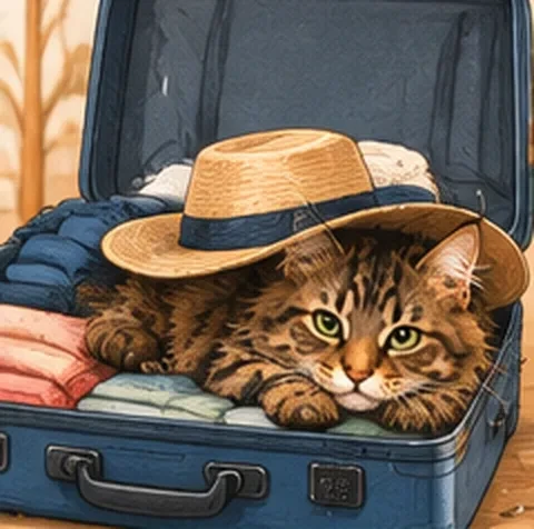 Chat Maine Coon couché dans une valise avec un chapeau de paille