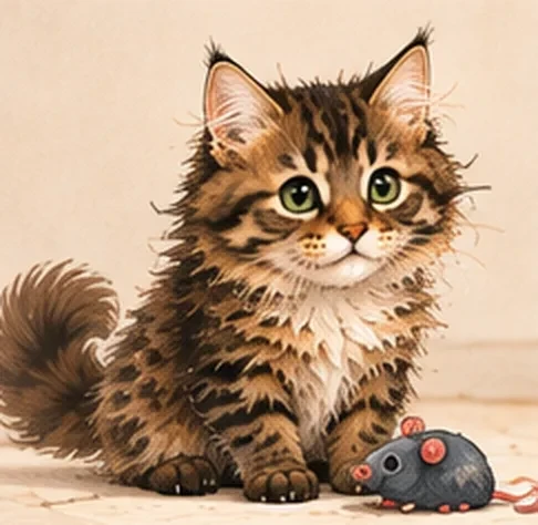 Chaton Maine Coon assis à côté d’une petite souris jouet